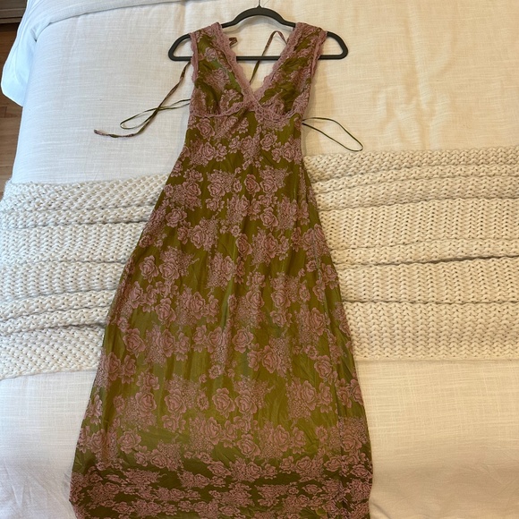 Green and Pink Luxe Satin Slip Dress with Tie Back Closure - Picture 2 of 2